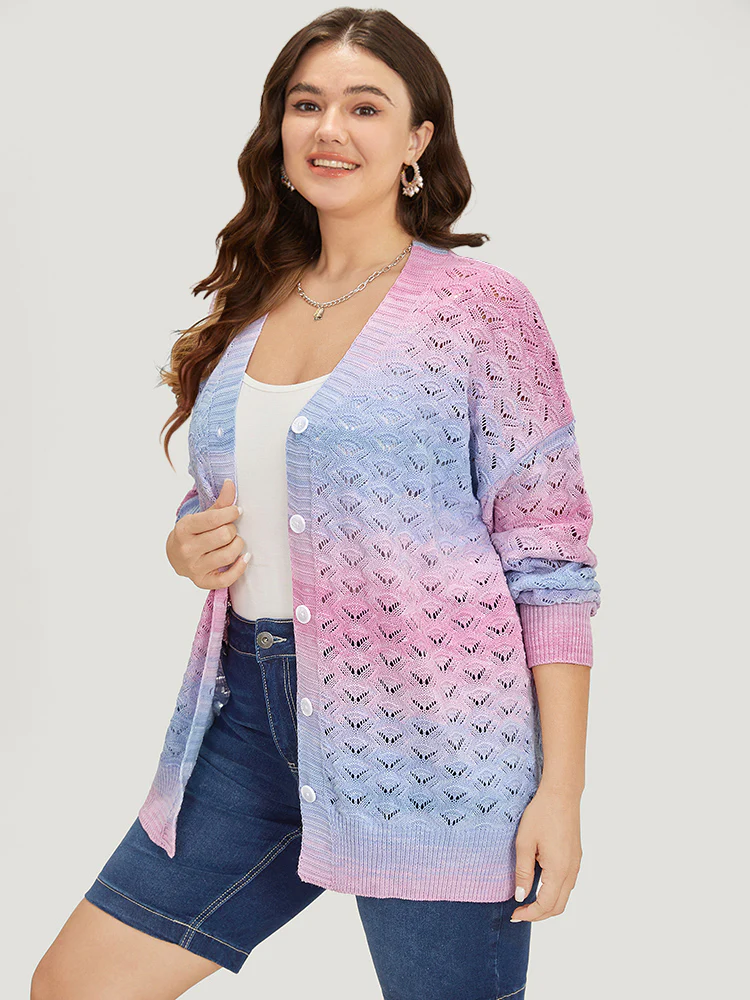 Ombre Button Through Hollow Out Cardigan - Image 3