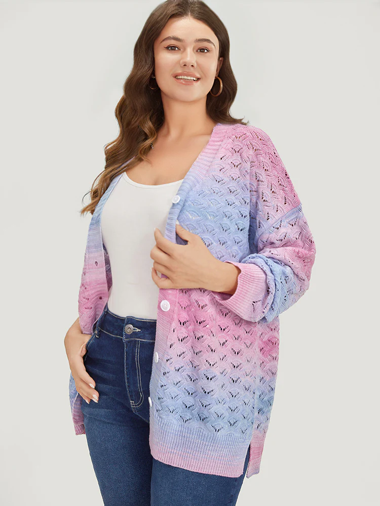 Ombre Button Through Hollow Out Cardigan - Image 5