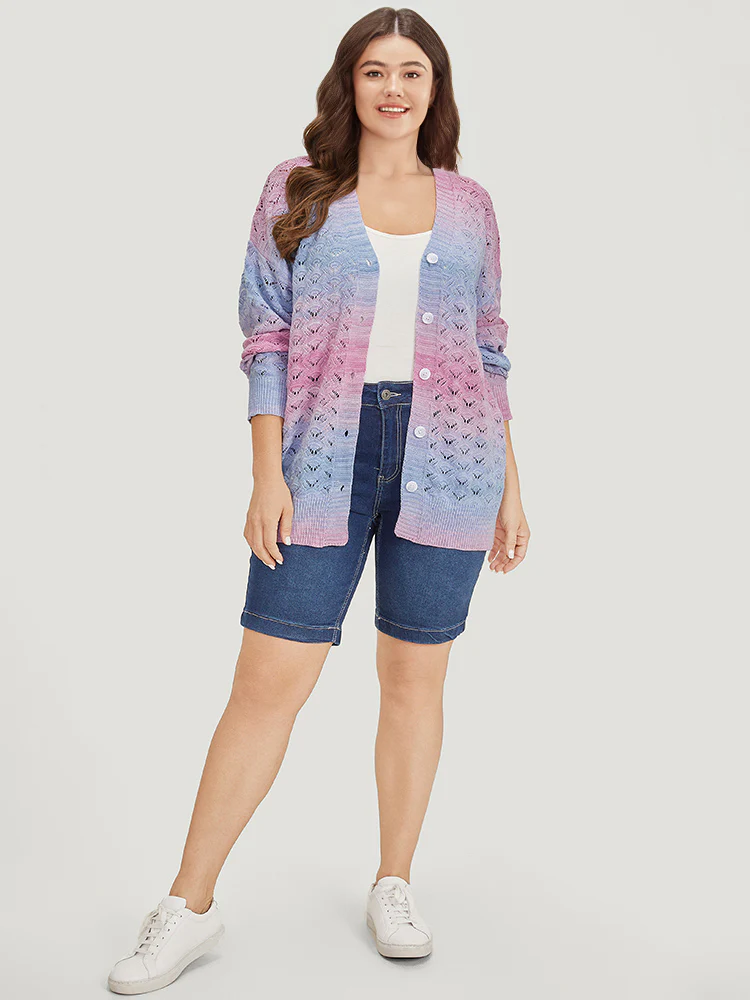 Ombre Button Through Hollow Out Cardigan - Image 8
