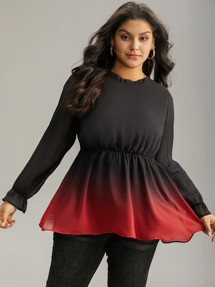 Ombre Contrast Frill Trim Ruffle Hem Blouse - Image 2