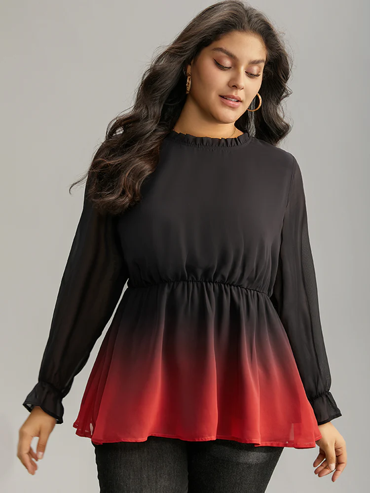 Ombre Contrast Frill Trim Ruffle Hem Blouse - Image 3