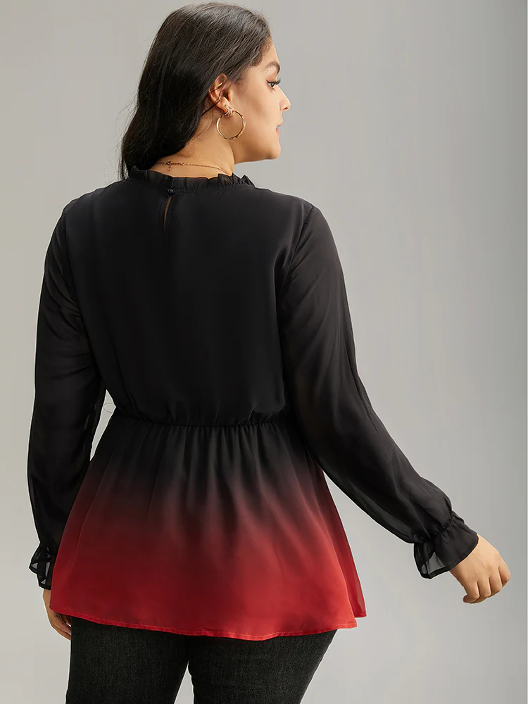 Ombre Contrast Frill Trim Ruffle Hem Blouse - Image 4
