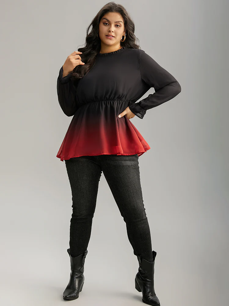 Ombre Contrast Frill Trim Ruffle Hem Blouse - Image 5