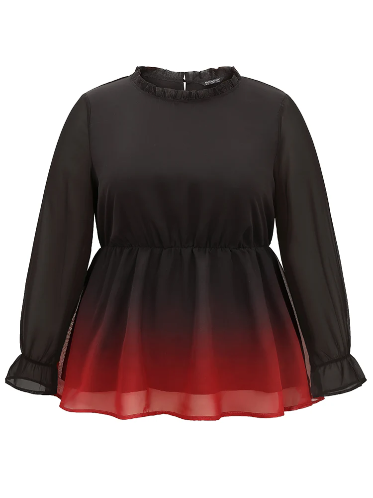 Ombre Contrast Frill Trim Ruffle Hem Blouse - Image 7
