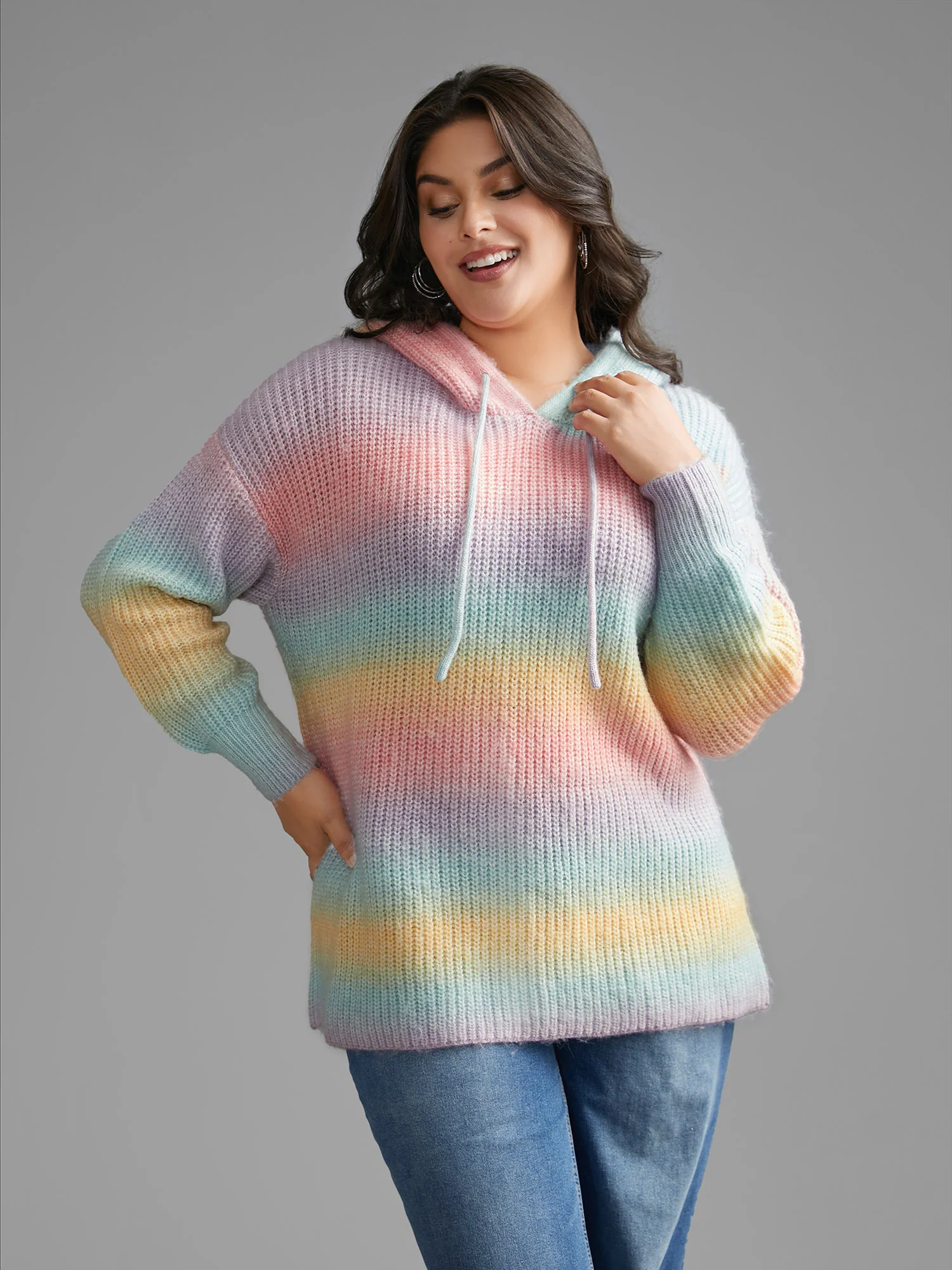 Ombre Contrast Hooded Drop Shoulder Pullover - Image 2