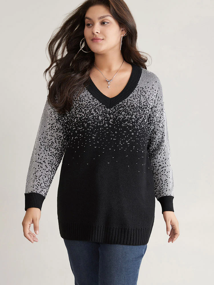 Ombre Contrast Luxe V Neck Knit Pullover - Image 3