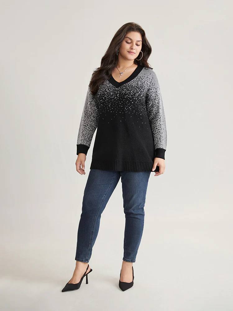 Ombre Contrast Luxe V Neck Knit Pullover - Image 5