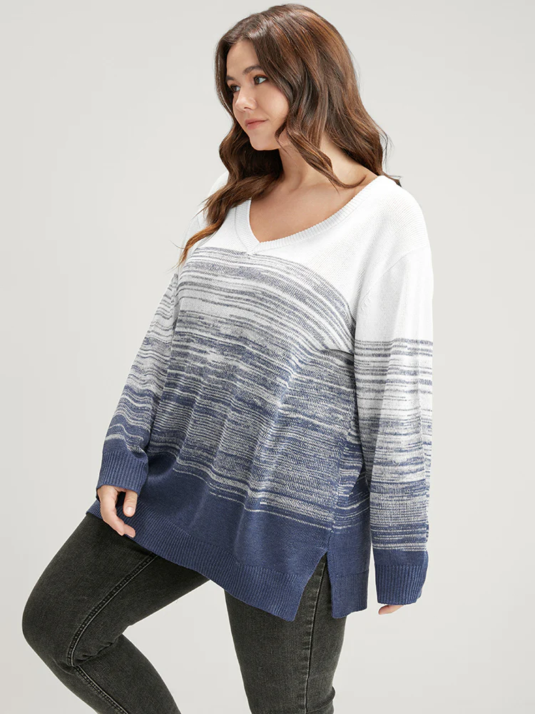 Ombre Contrast Mixed Yarn Knit Split Hem Knit Top - Image 2