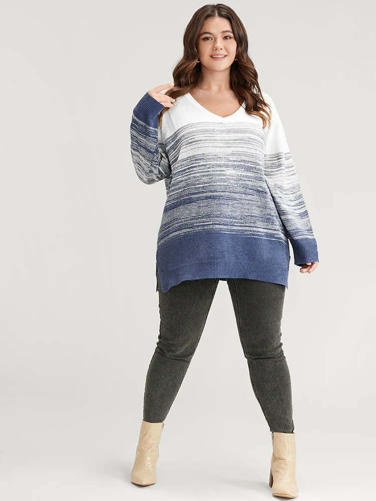 Ombre Contrast Mixed Yarn Knit Split Hem Knit Top - Image 3