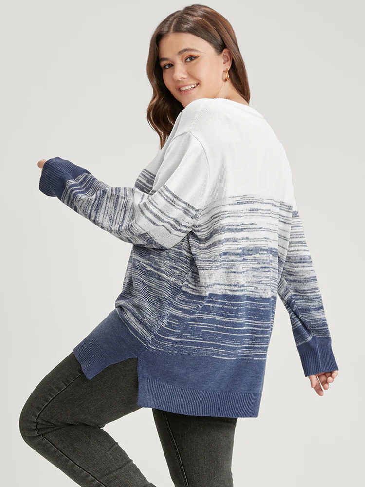 Ombre Contrast Mixed Yarn Knit Split Hem Knit Top - Image 4