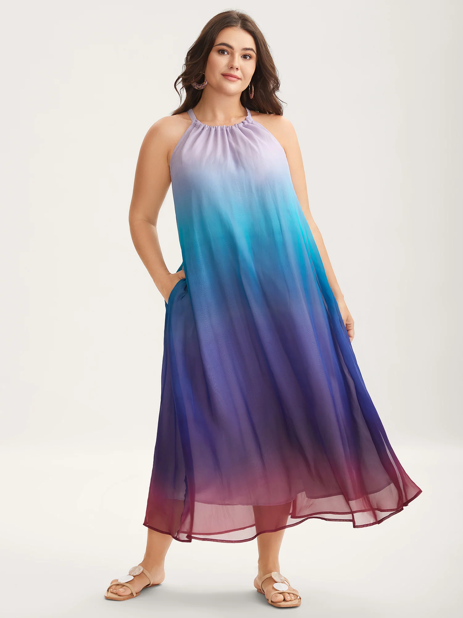 Ombre Gradient Pockets Sheer Midi Dress - Image 3