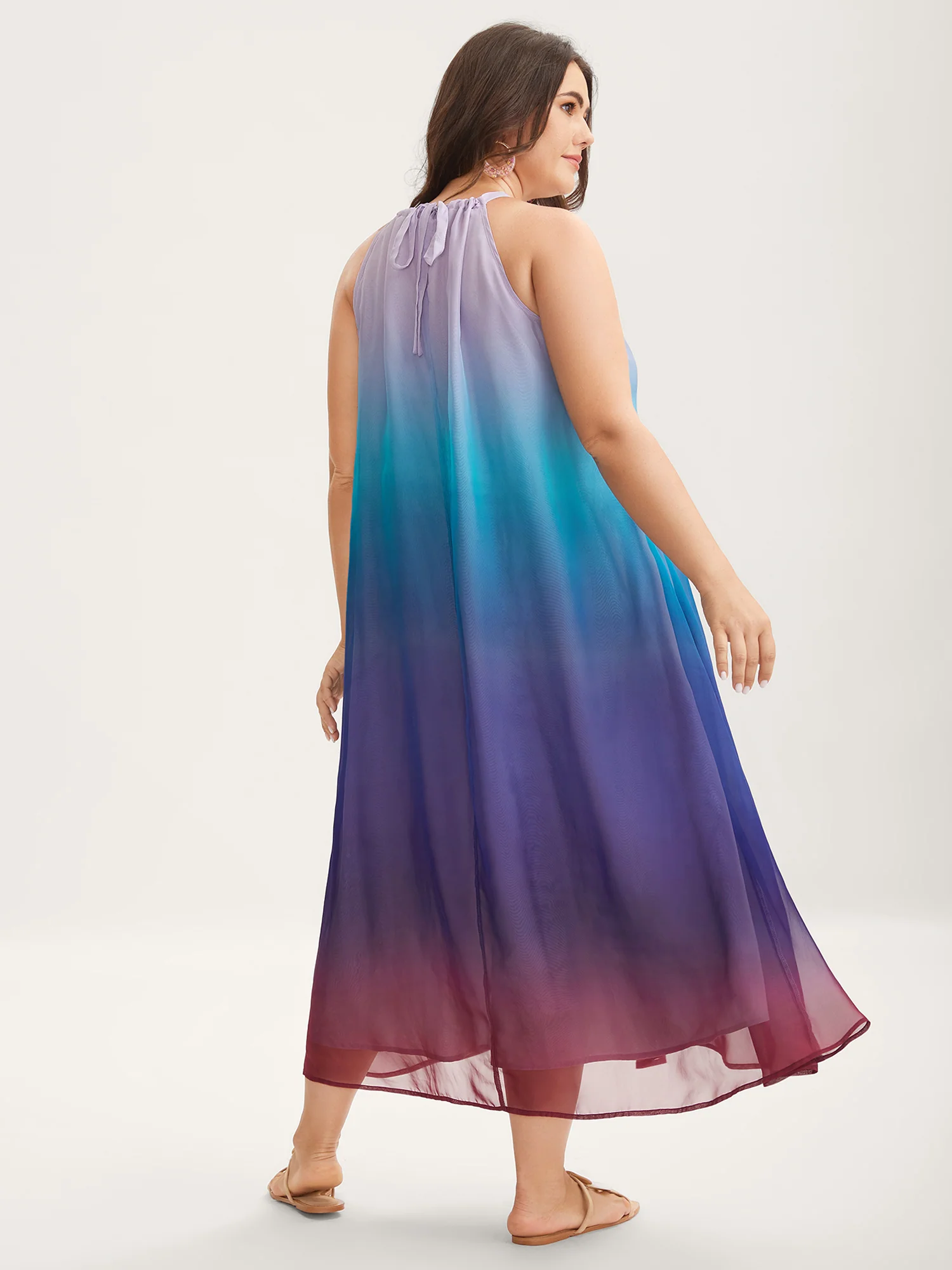 Ombre Gradient Pockets Sheer Midi Dress - Image 4