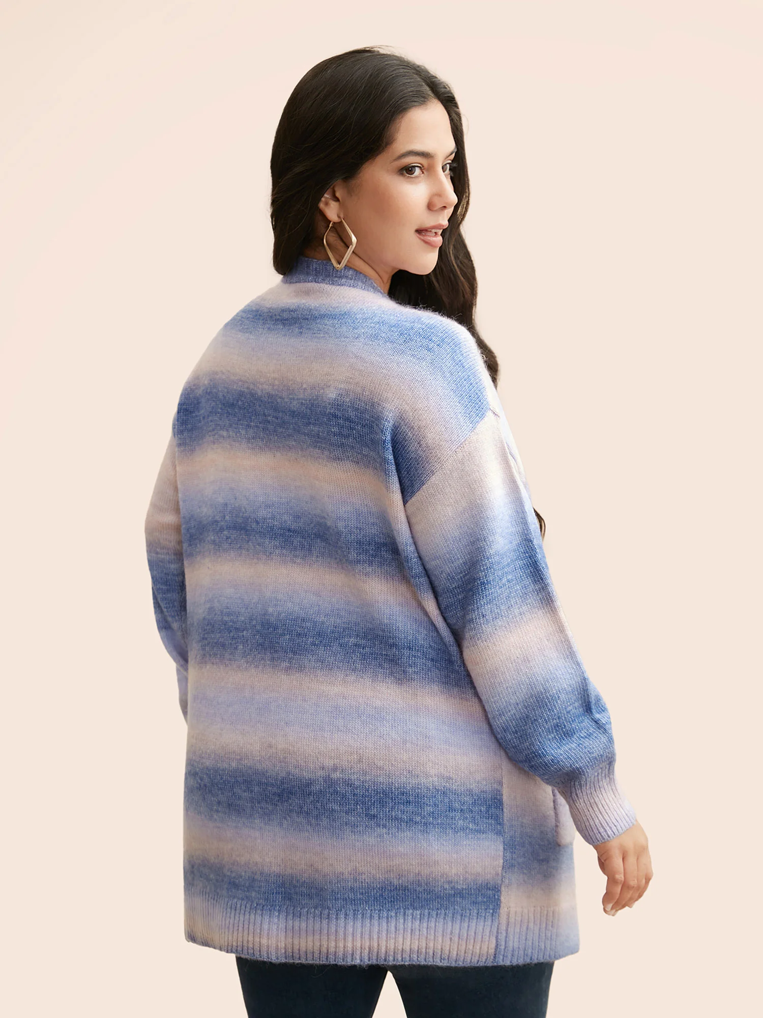 Ombre Kimono Collar Patched Pocket Cardigan - Image 2