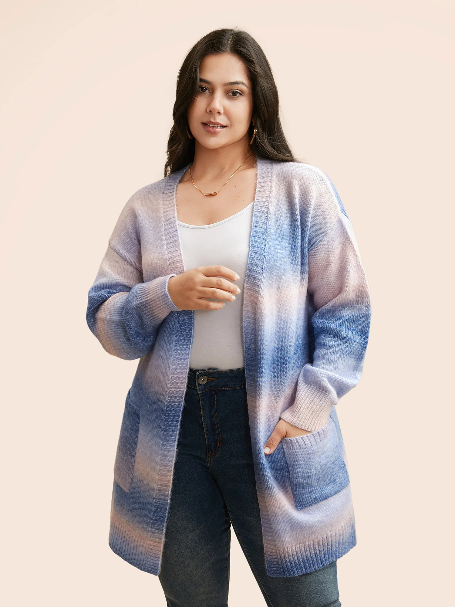 Ombre Kimono Collar Patched Pocket Cardigan - Image 3
