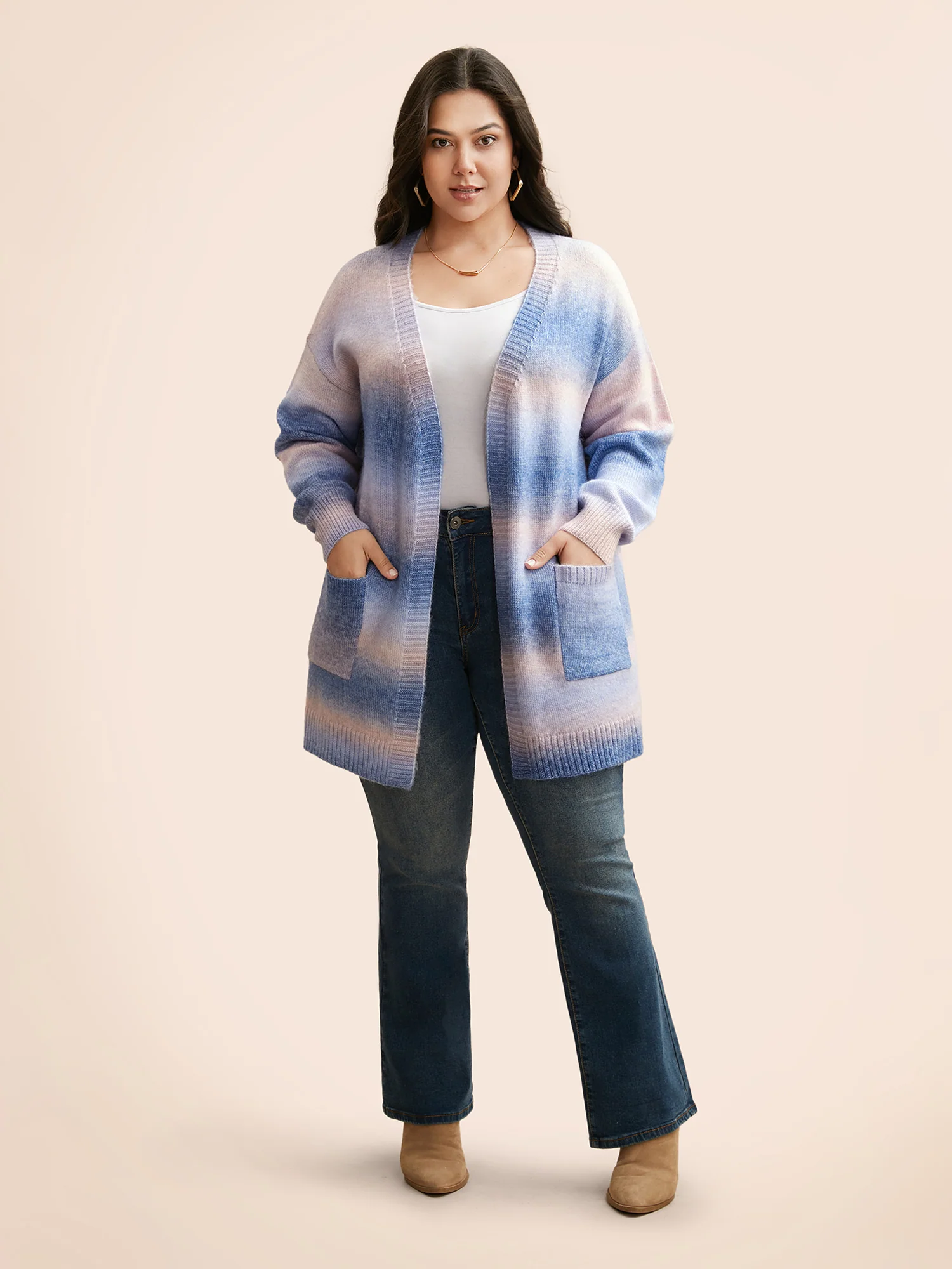 Ombre Kimono Collar Patched Pocket Cardigan - Image 4