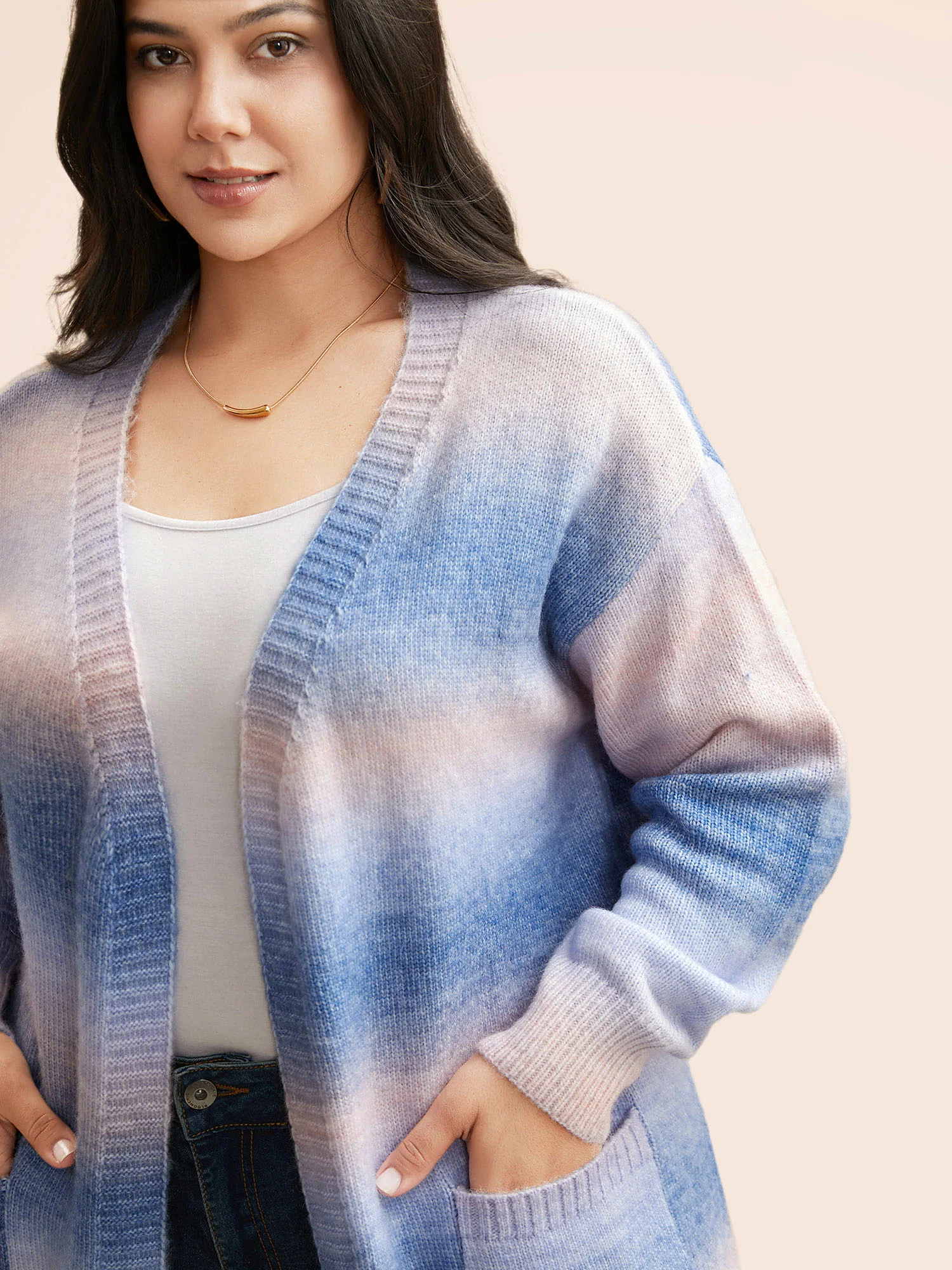Ombre Kimono Collar Patched Pocket Cardigan - Image 5