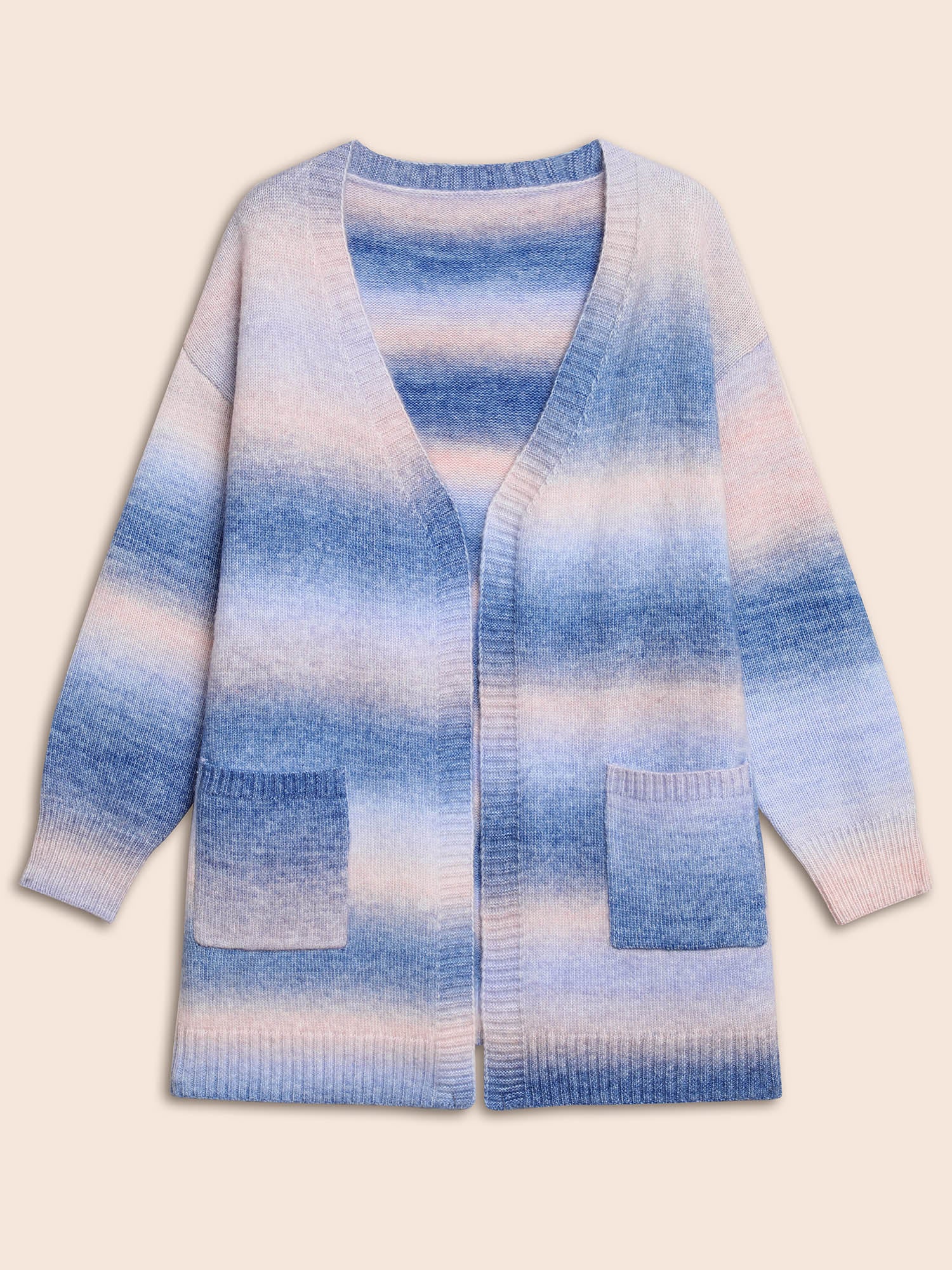Ombre Kimono Collar Patched Pocket Cardigan - Image 8