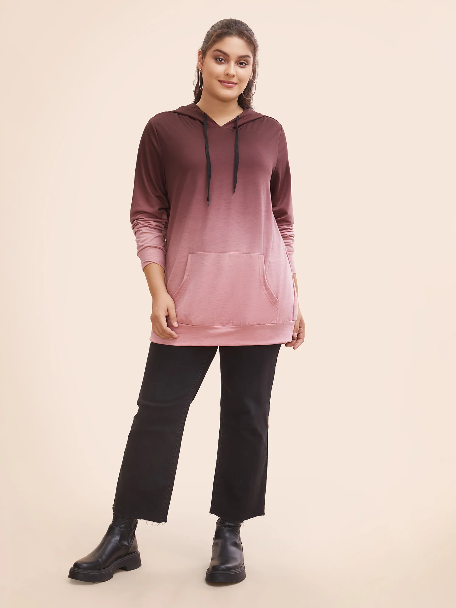 Ombre Pocket Drawstring Hooded Sweatshirt - Image 2