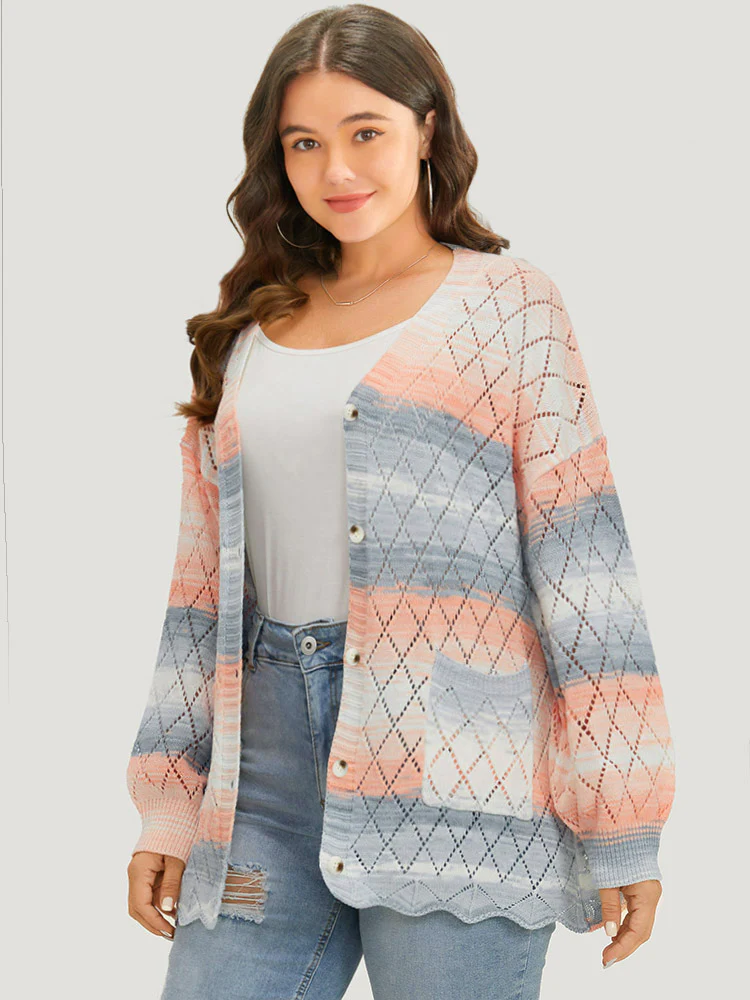 Ombre Pocket Scalloped Trim Button Down Cardigan - Image 3