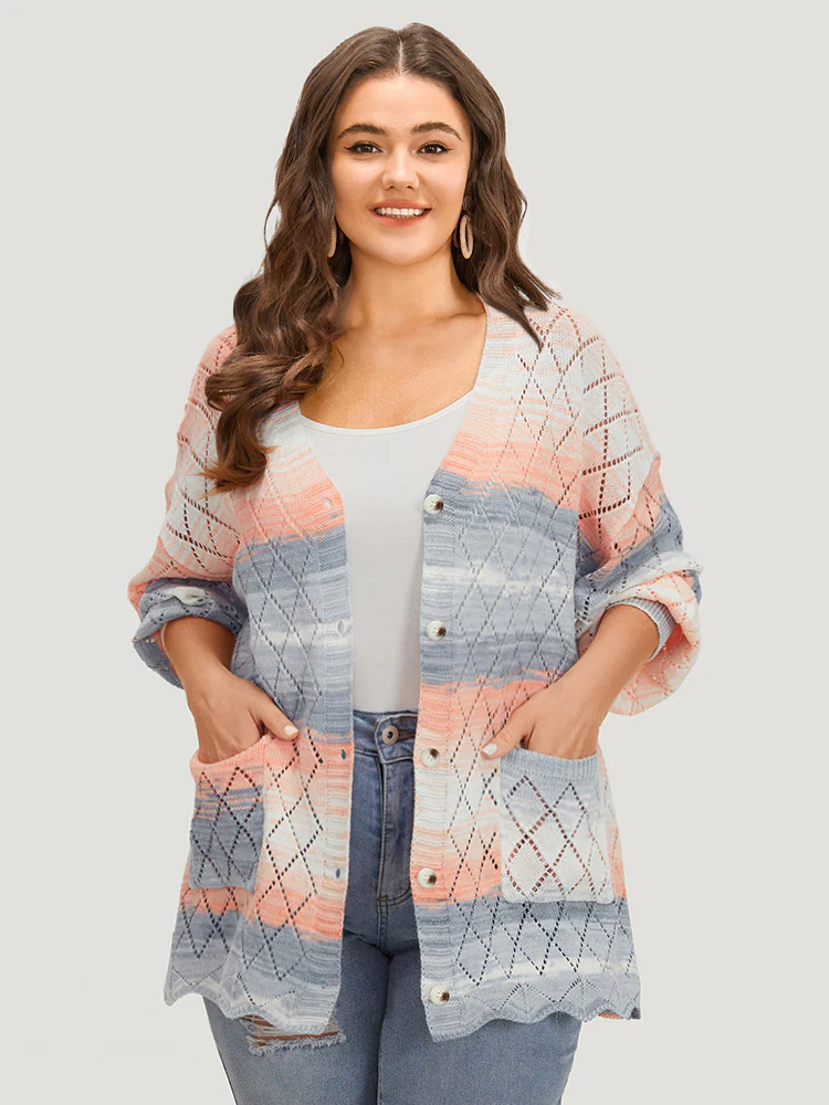 Ombre Pocket Scalloped Trim Button Down Cardigan - Image 4