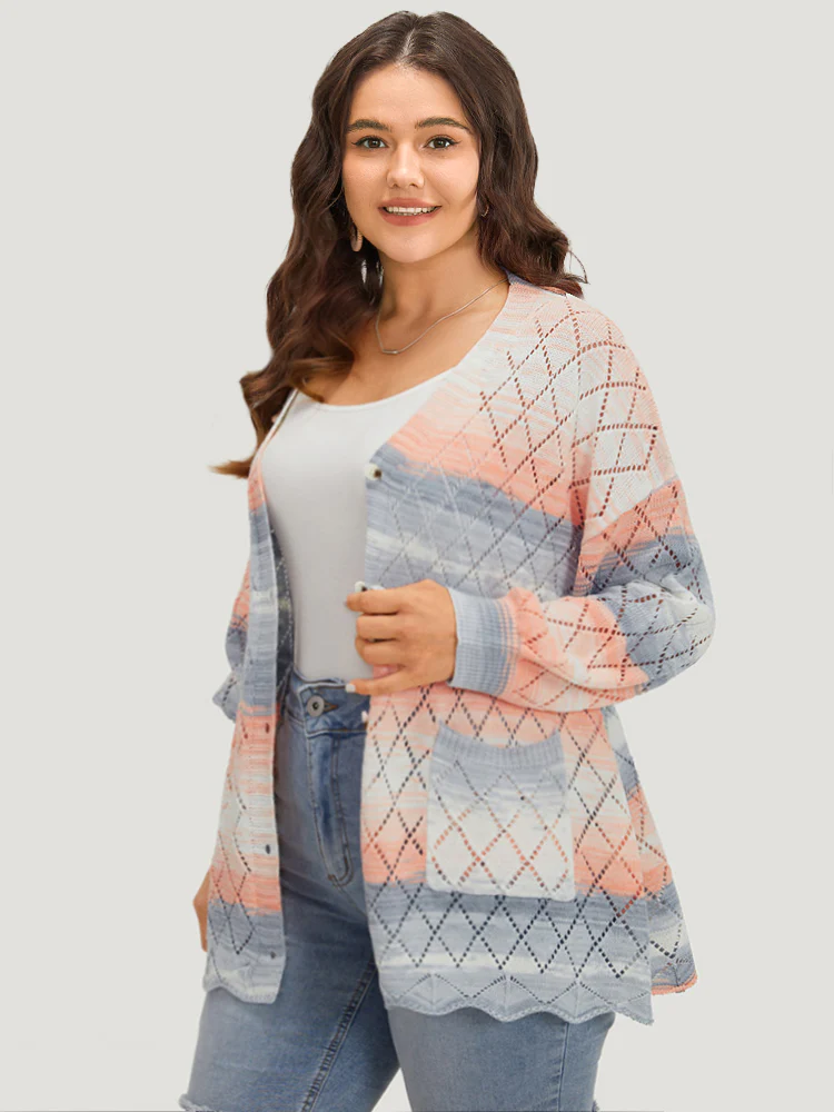 Ombre Pocket Scalloped Trim Button Down Cardigan - Image 5
