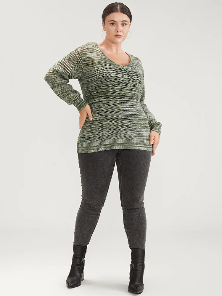 Ombre Spacedye Knit V Neck Crochet Knit Top - Image 3