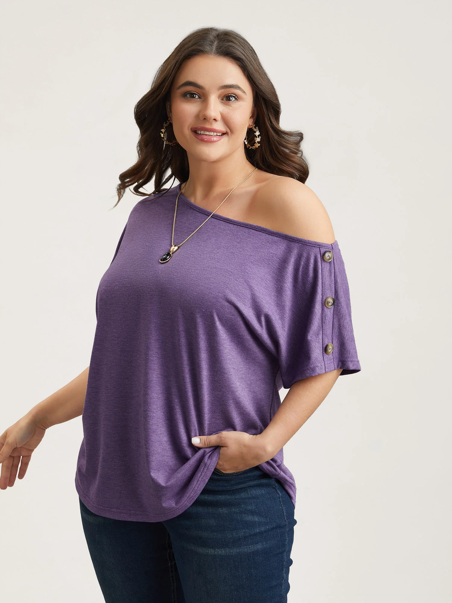 One-Shoulder Button Knit Top - Image 2