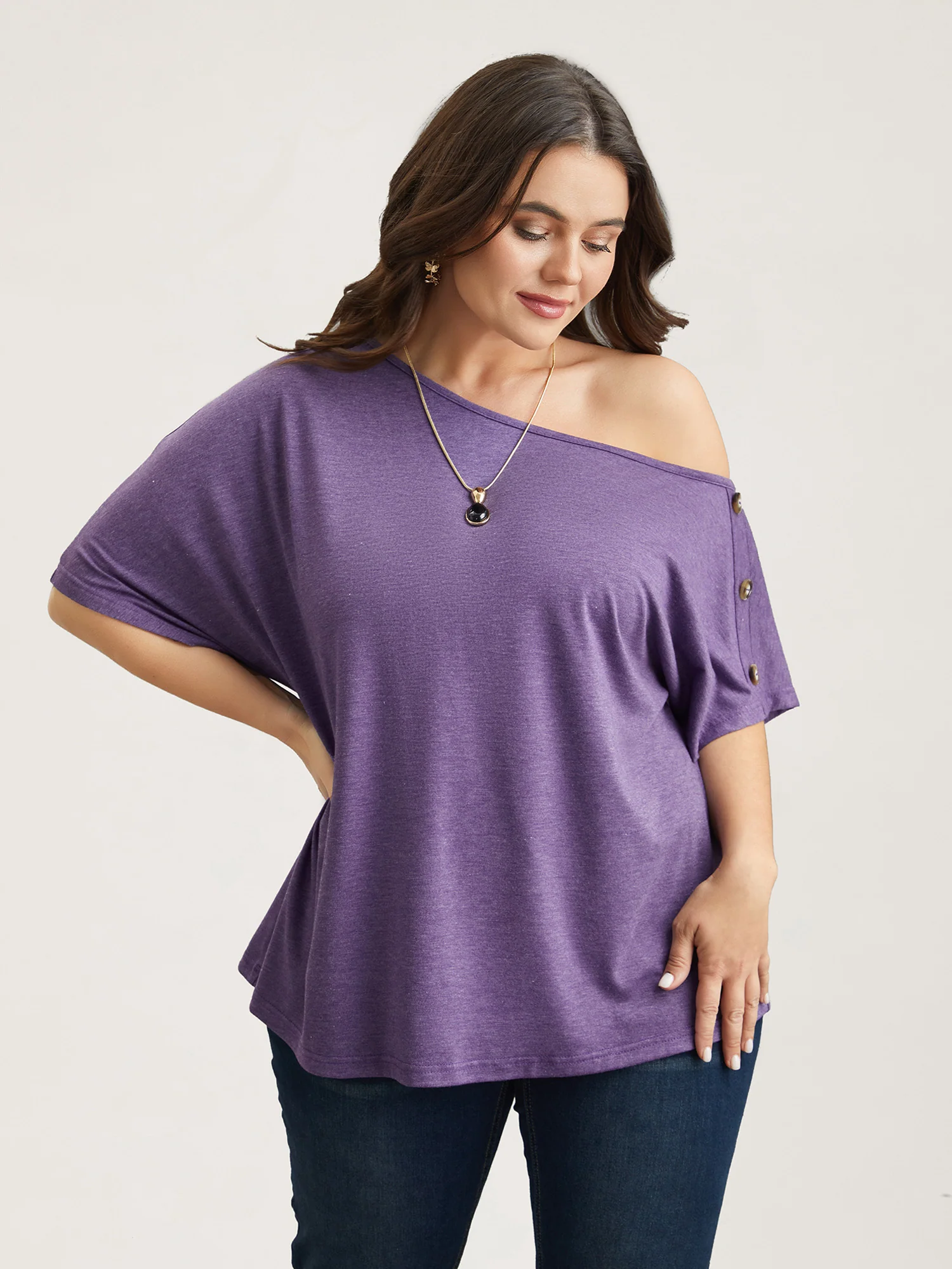 One-Shoulder Button Knit Top - Image 3