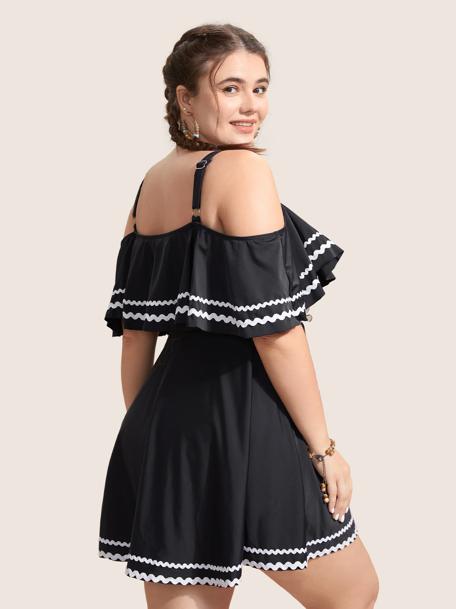 One Shoulder Neck Woven Ribbon Swim Dress - Image 2