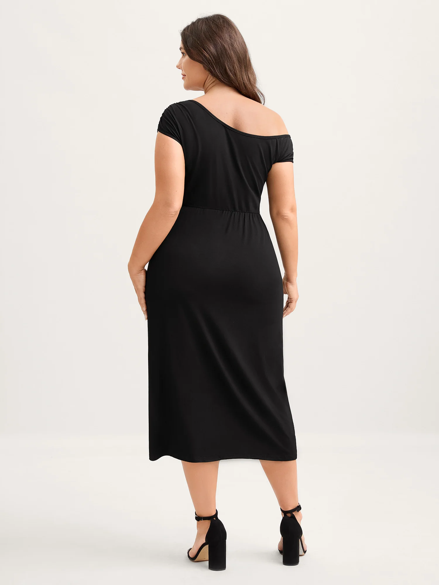 One Shoulder Ruched Split Hem Midi Dress - Image 5