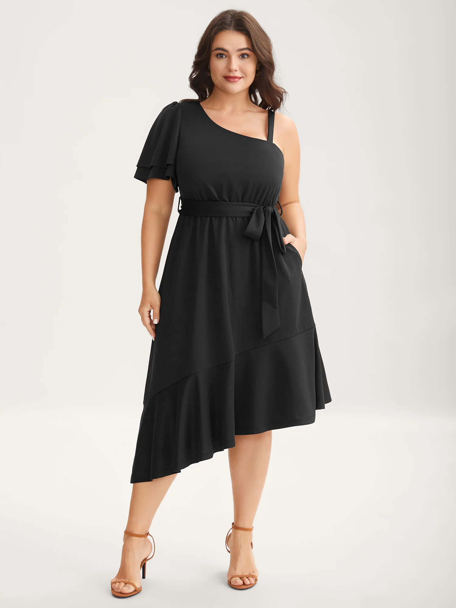 One-Shoulder Ruffled Belted Midi Dress - Image 3