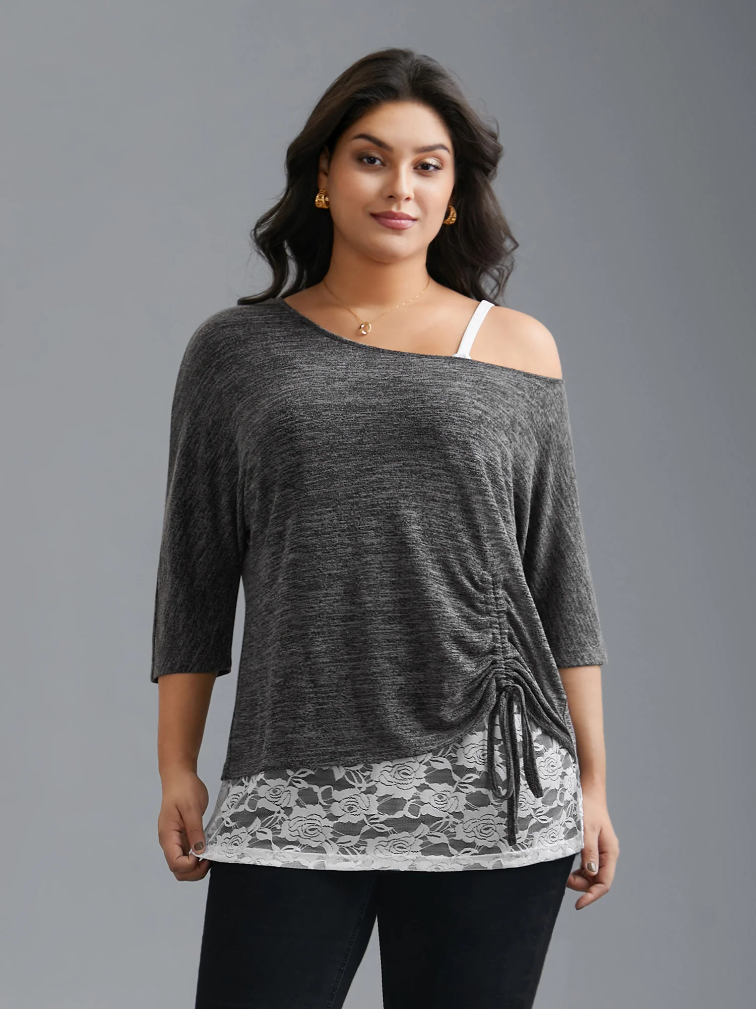 One-Shoulder Two-Piece Drawstring Knit Top
