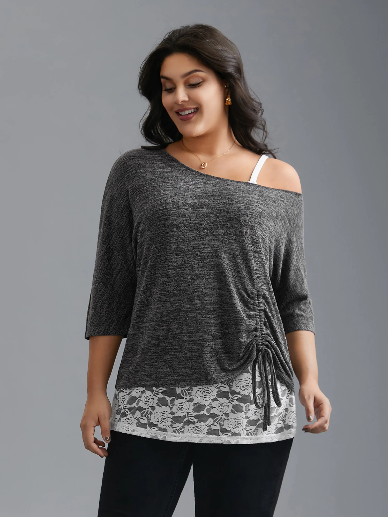 One-Shoulder Two-Piece Drawstring Knit Top - Image 3