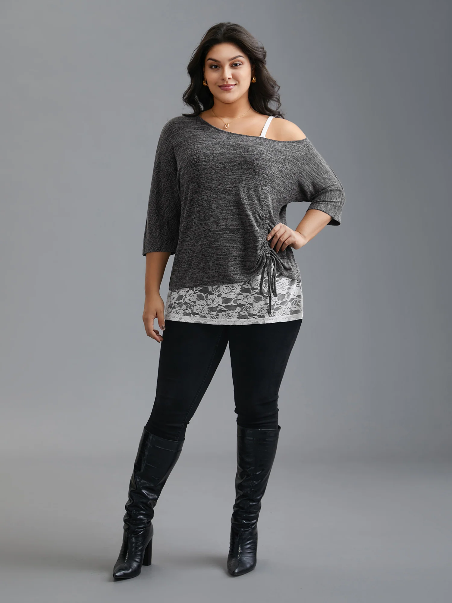 One-Shoulder Two-Piece Drawstring Knit Top - Image 4
