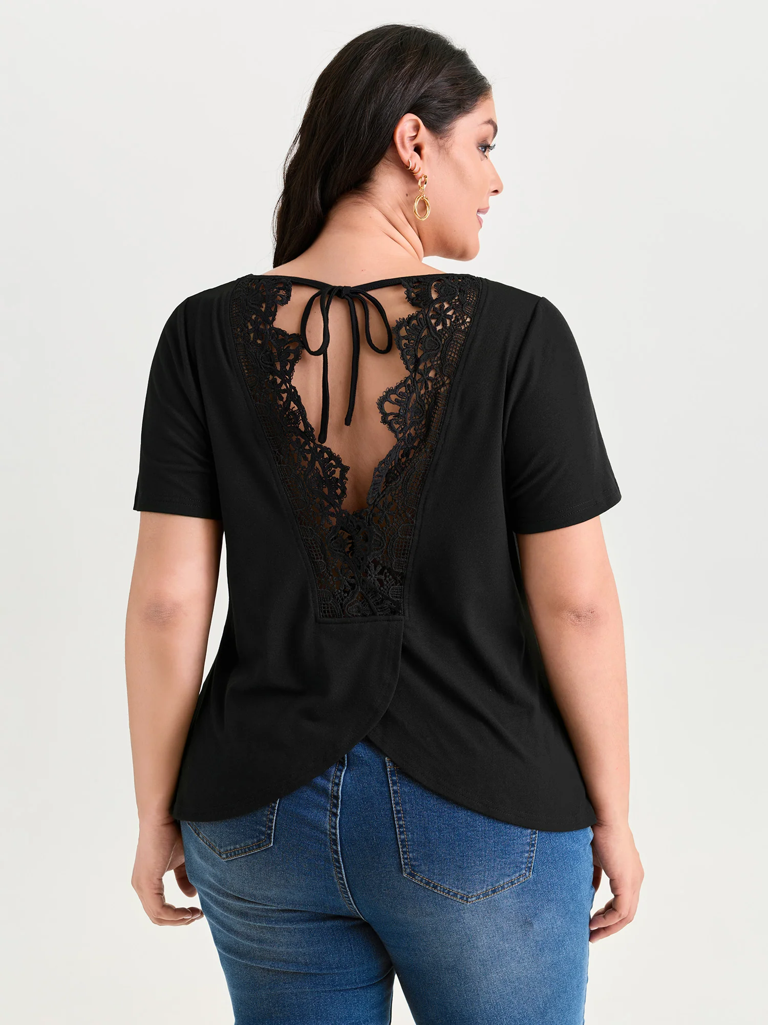 Open Back Lace Detail Boat Neck T-Shirt - Image 4