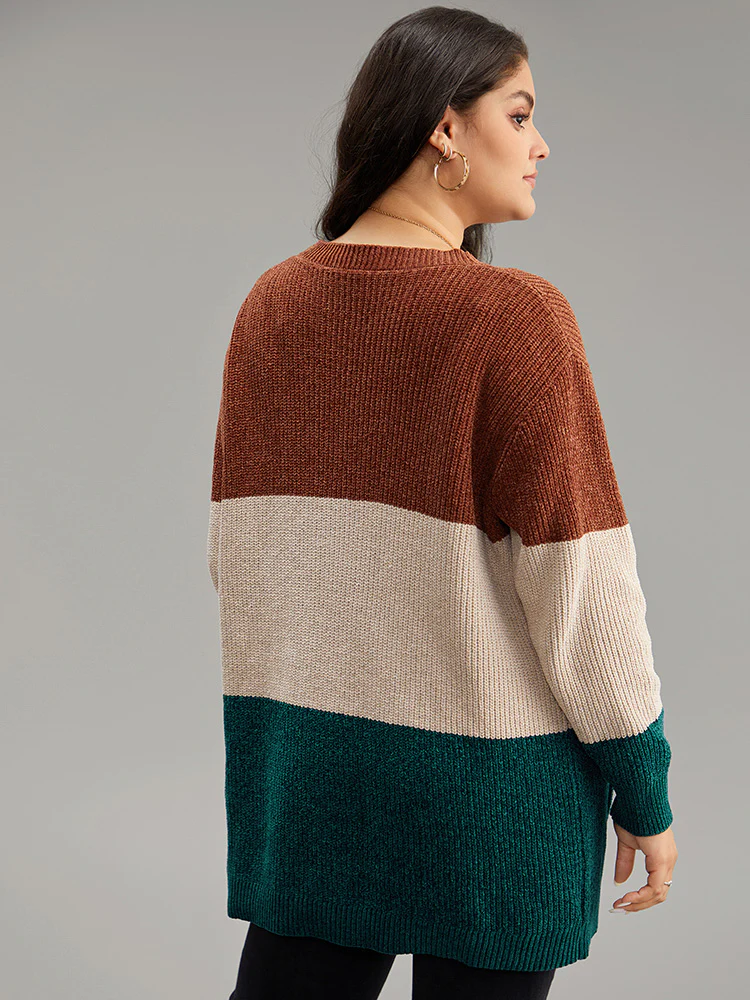 Open Front Colorblock Patched Pocket Cardigan - Image 2