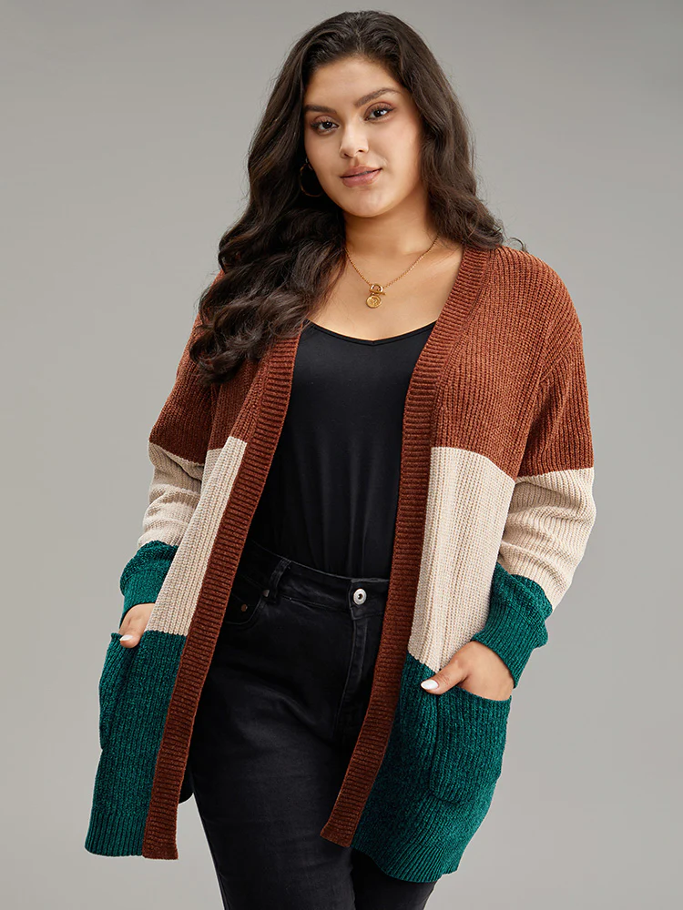 Open Front Colorblock Patched Pocket Cardigan - Image 3