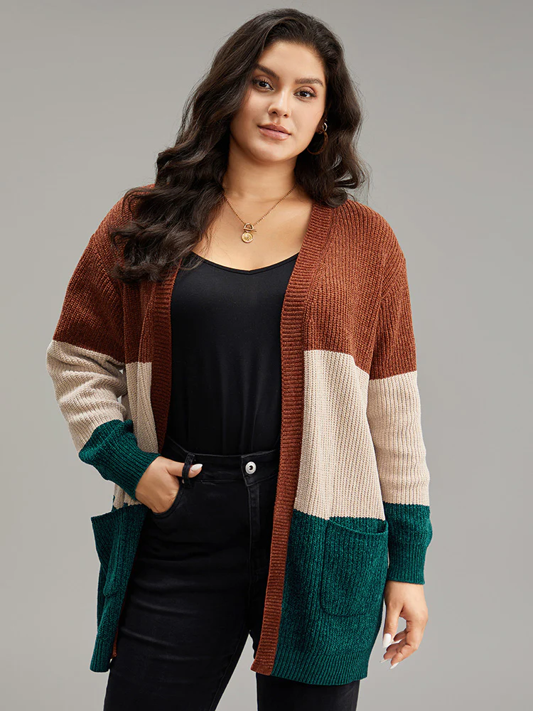 Open Front Colorblock Patched Pocket Cardigan - Image 4