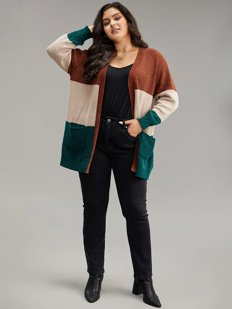 Open Front Colorblock Patched Pocket Cardigan - Image 5