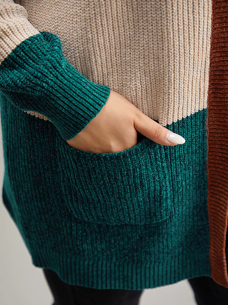 Open Front Colorblock Patched Pocket Cardigan - Image 6
