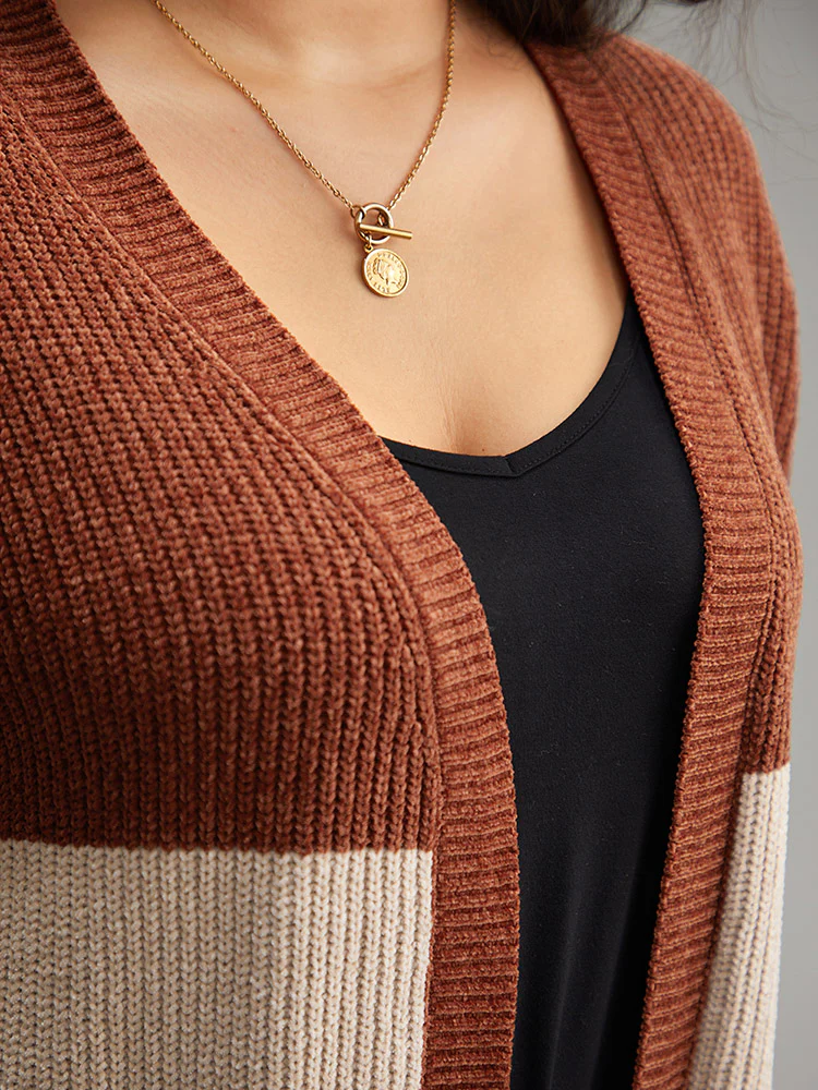 Open Front Colorblock Patched Pocket Cardigan - Image 7
