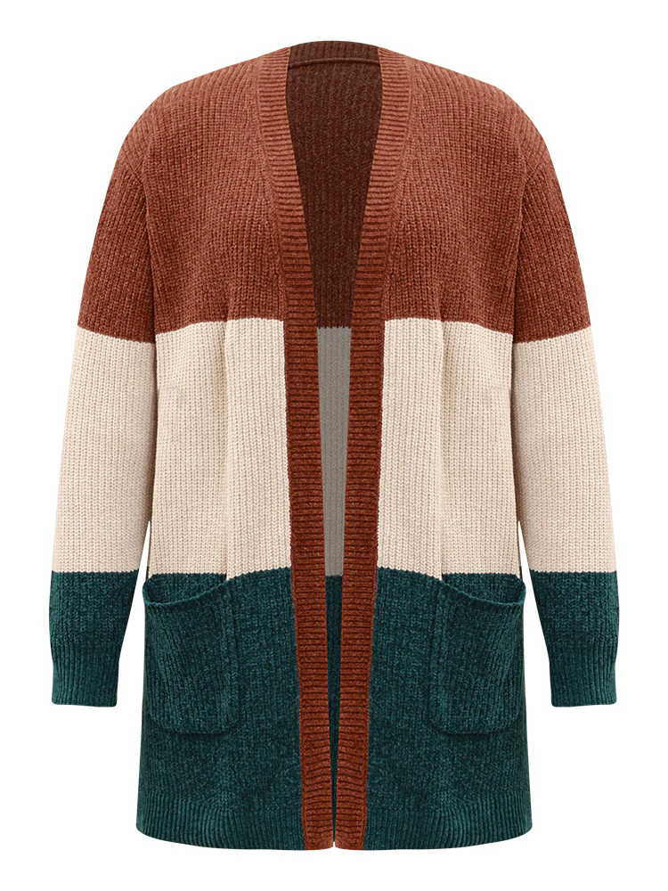 Open Front Colorblock Patched Pocket Cardigan - Image 8
