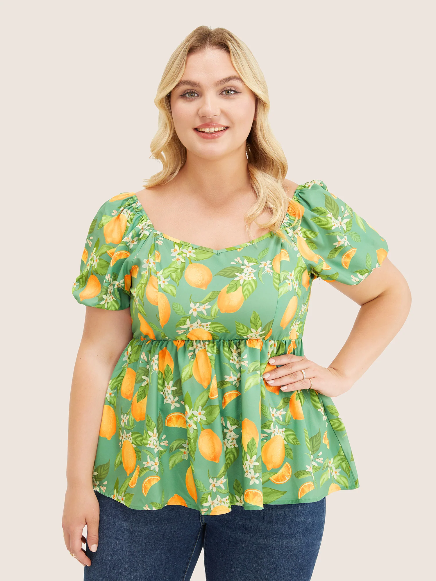 Citrus Orange & Floral Print Puff Sleeve Ruffles Blouse