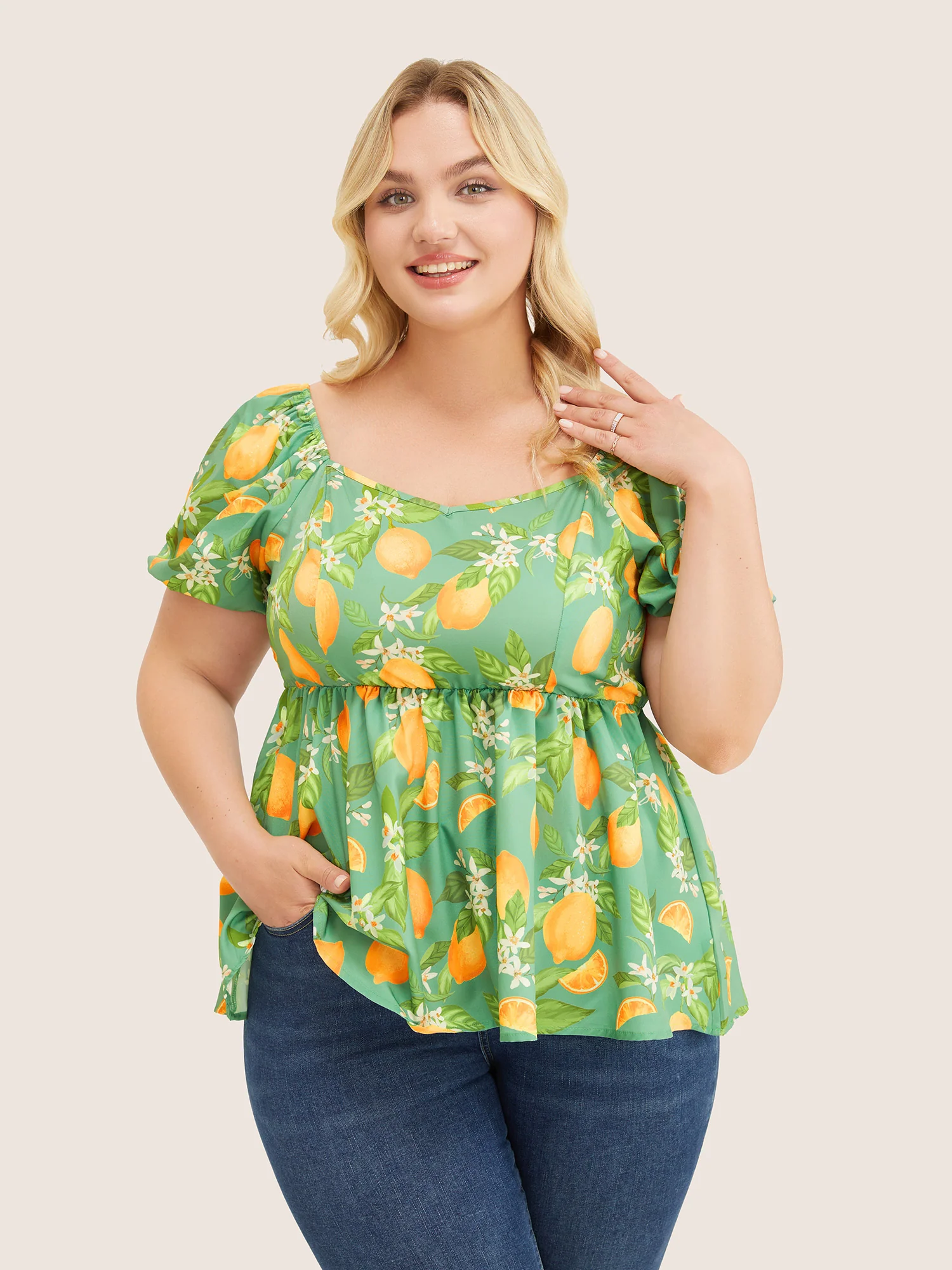 Citrus Orange & Floral Print Puff Sleeve Ruffles Blouse - Image 2