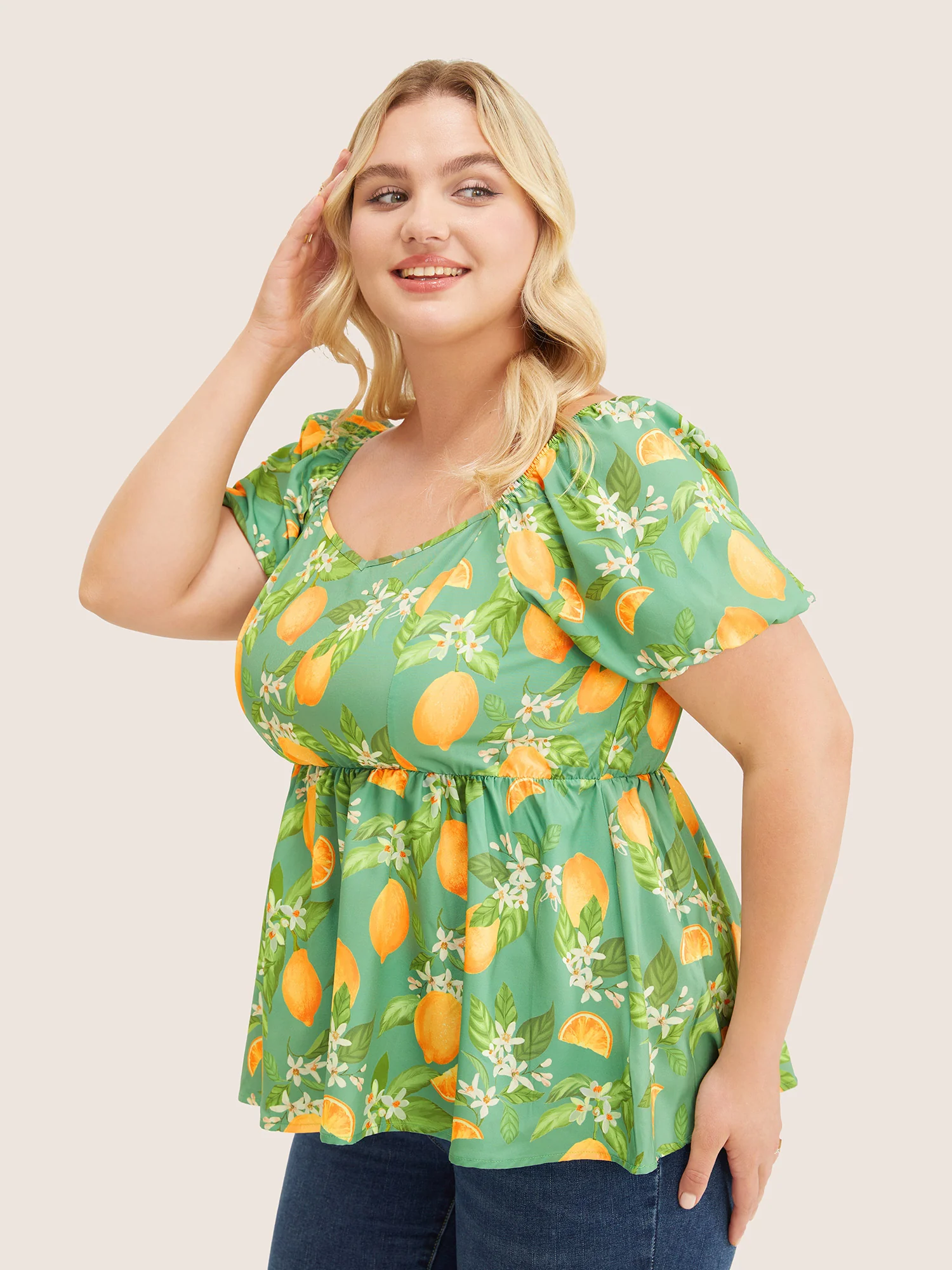 Citrus Orange & Floral Print Puff Sleeve Ruffles Blouse - Image 3