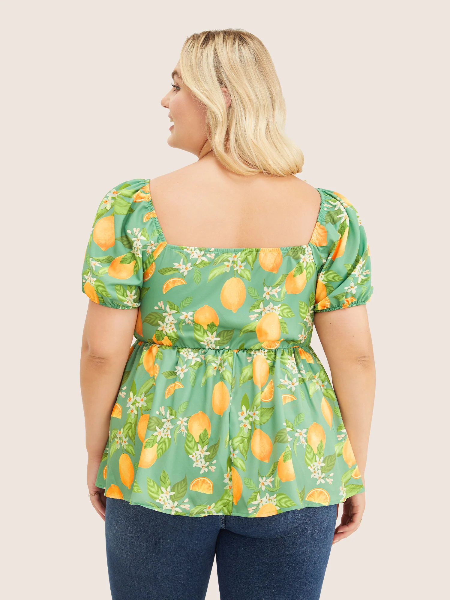 Citrus Orange & Floral Print Puff Sleeve Ruffles Blouse - Image 4