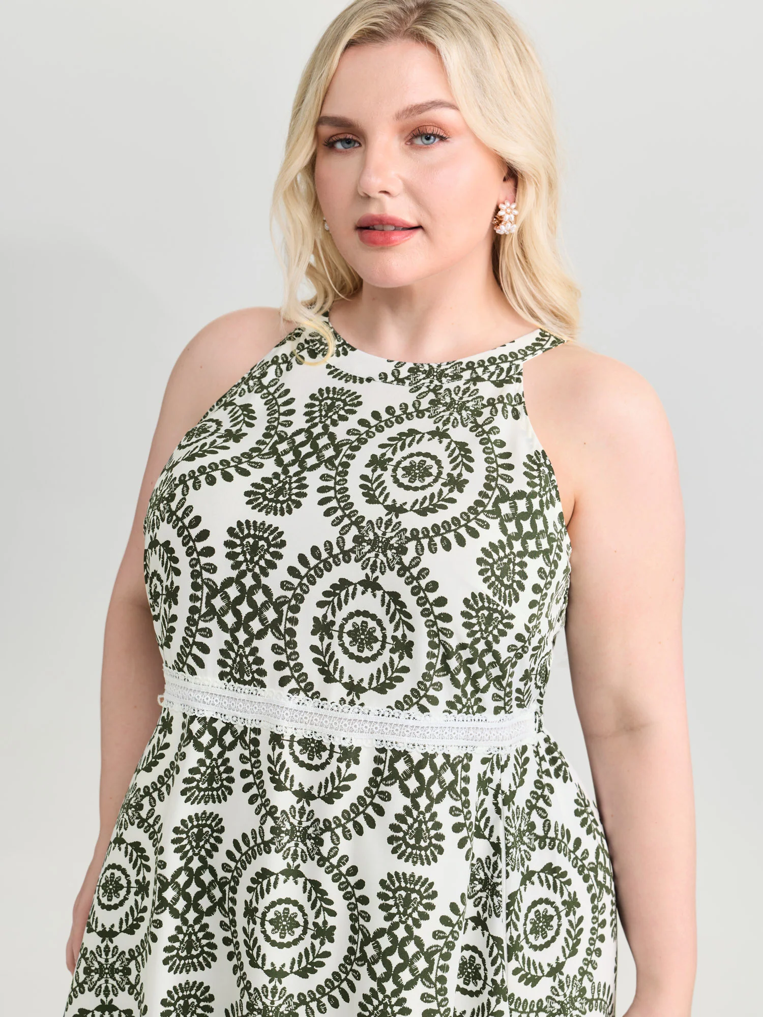 Ornate Print Lace Trim Halter Neckline Midi Dress - Image 2