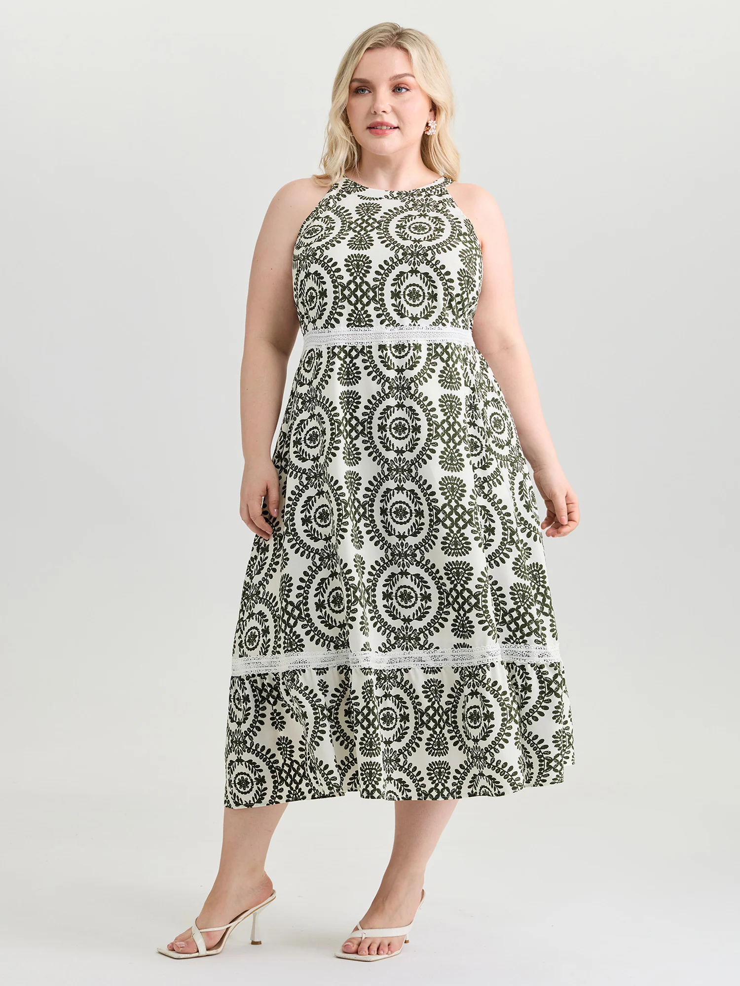 Ornate Print Lace Trim Halter Neckline Midi Dress - Image 3