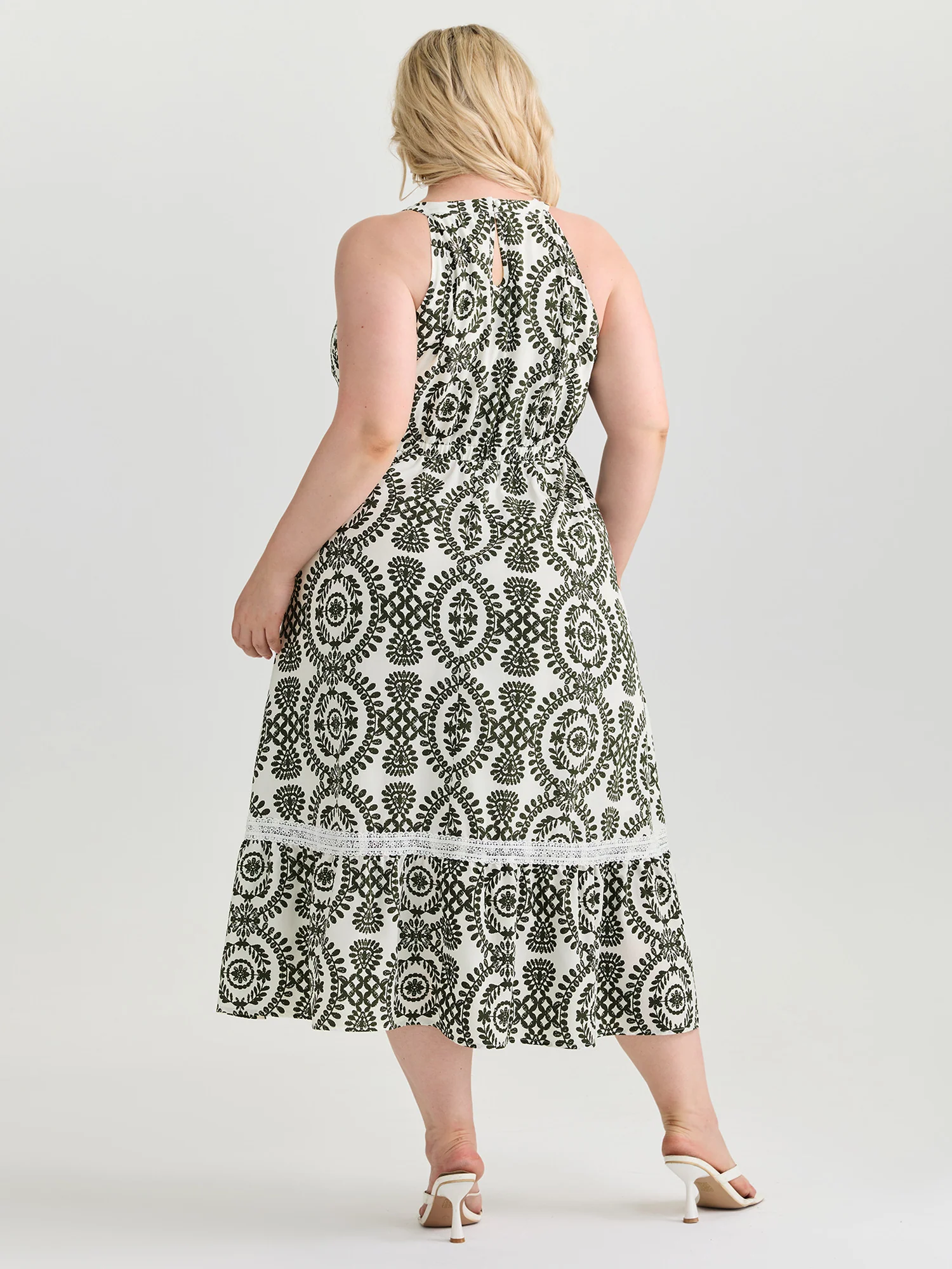 Ornate Print Lace Trim Halter Neckline Midi Dress - Image 4