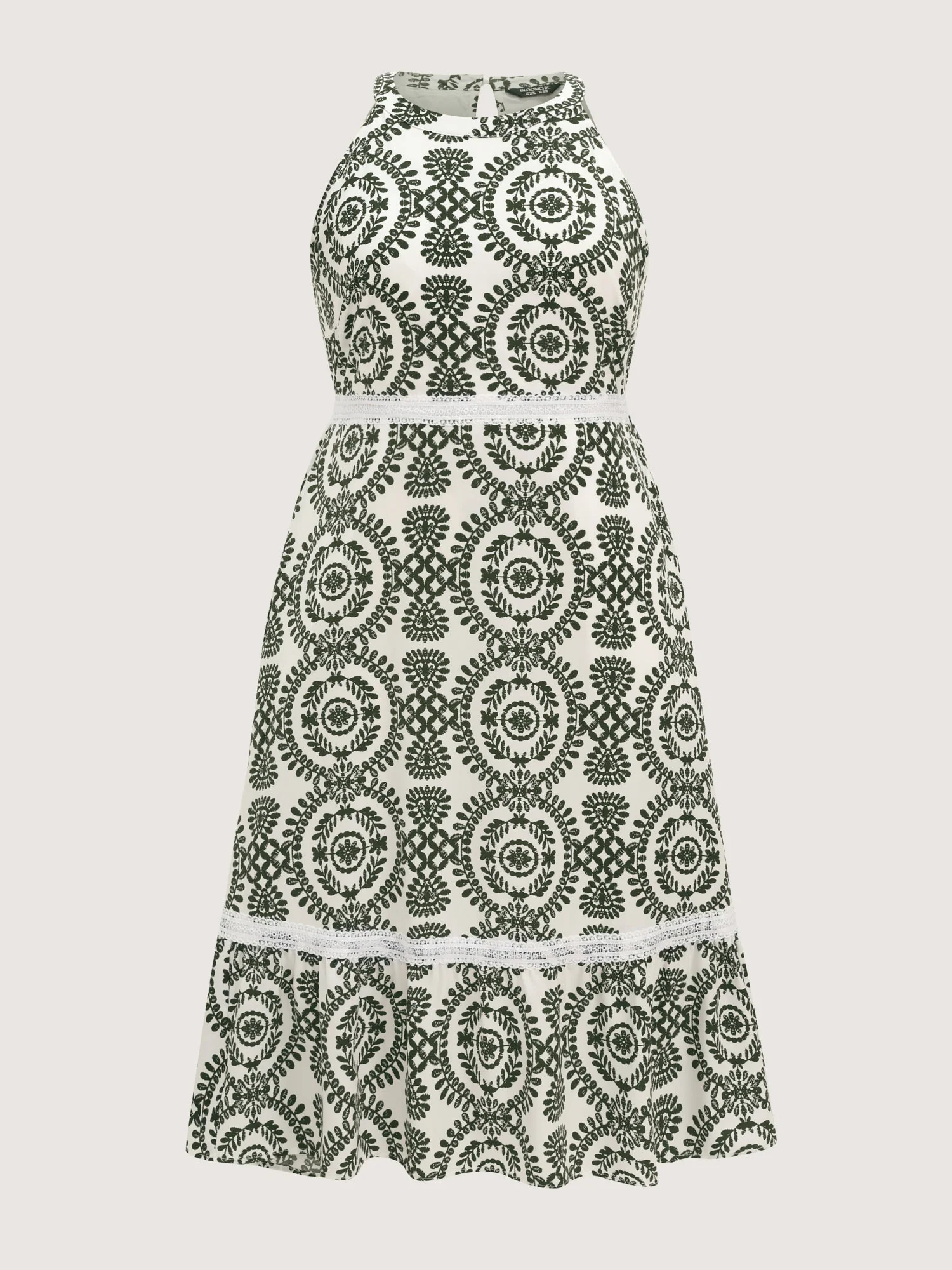 Ornate Print Lace Trim Halter Neckline Midi Dress - Image 7